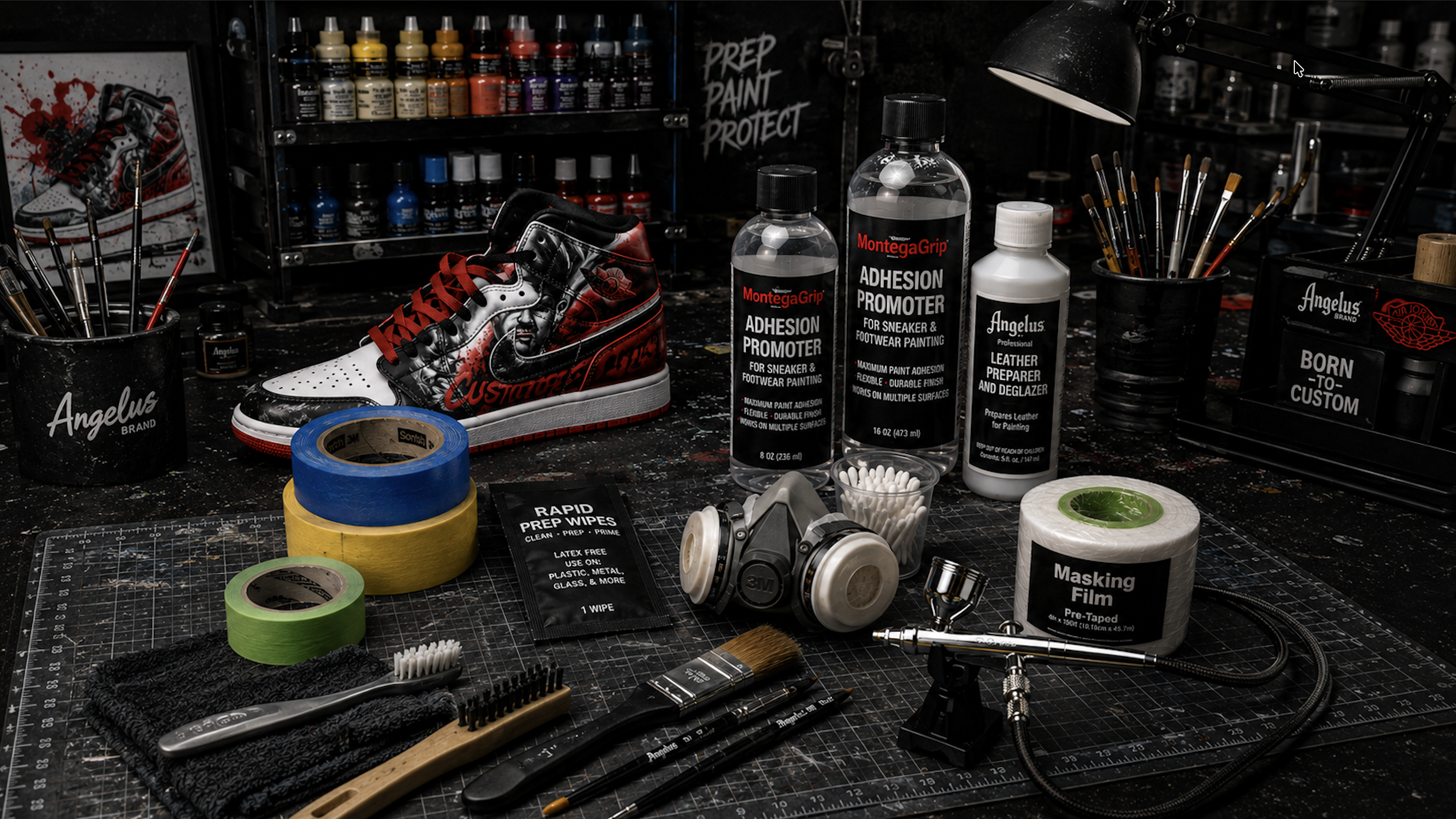 MontegaGrip adhesion promoter bottles in 8 oz and 16 oz sizes with custom red sole sneakers